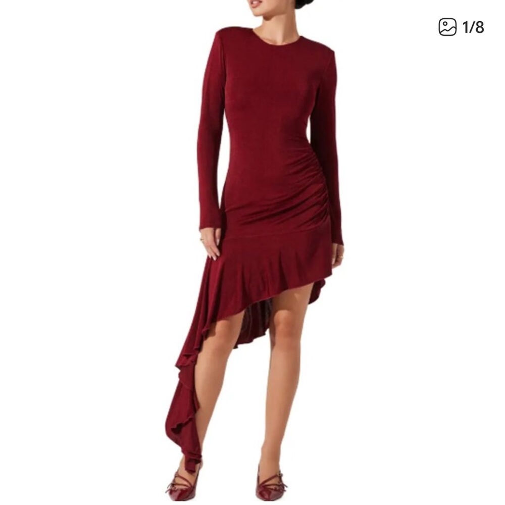Astr Burgundy Long-Sleeve High-Low Ruffle Dress - Picture 3 of 6